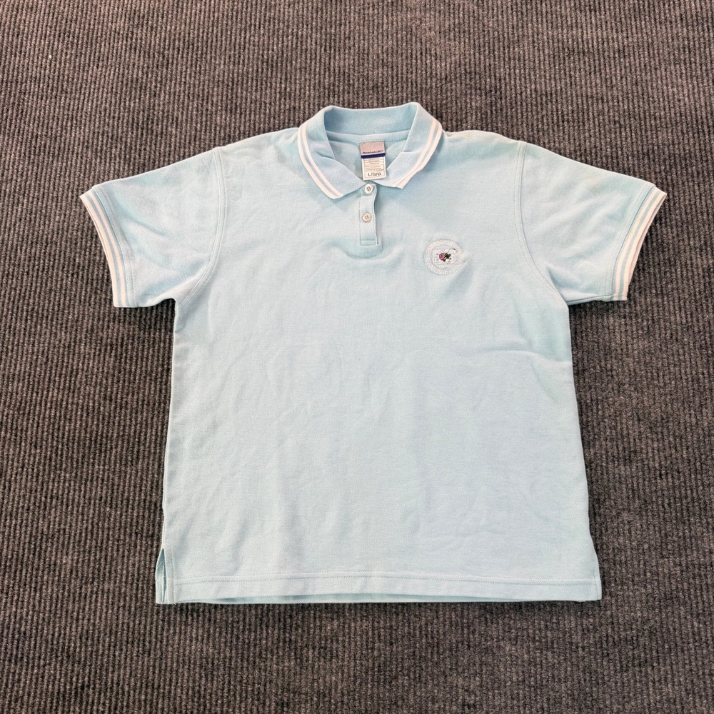 Reebok Mens Embroidered Crest Pique Polo Shirt L Light Blue Cotton Tipped Trim